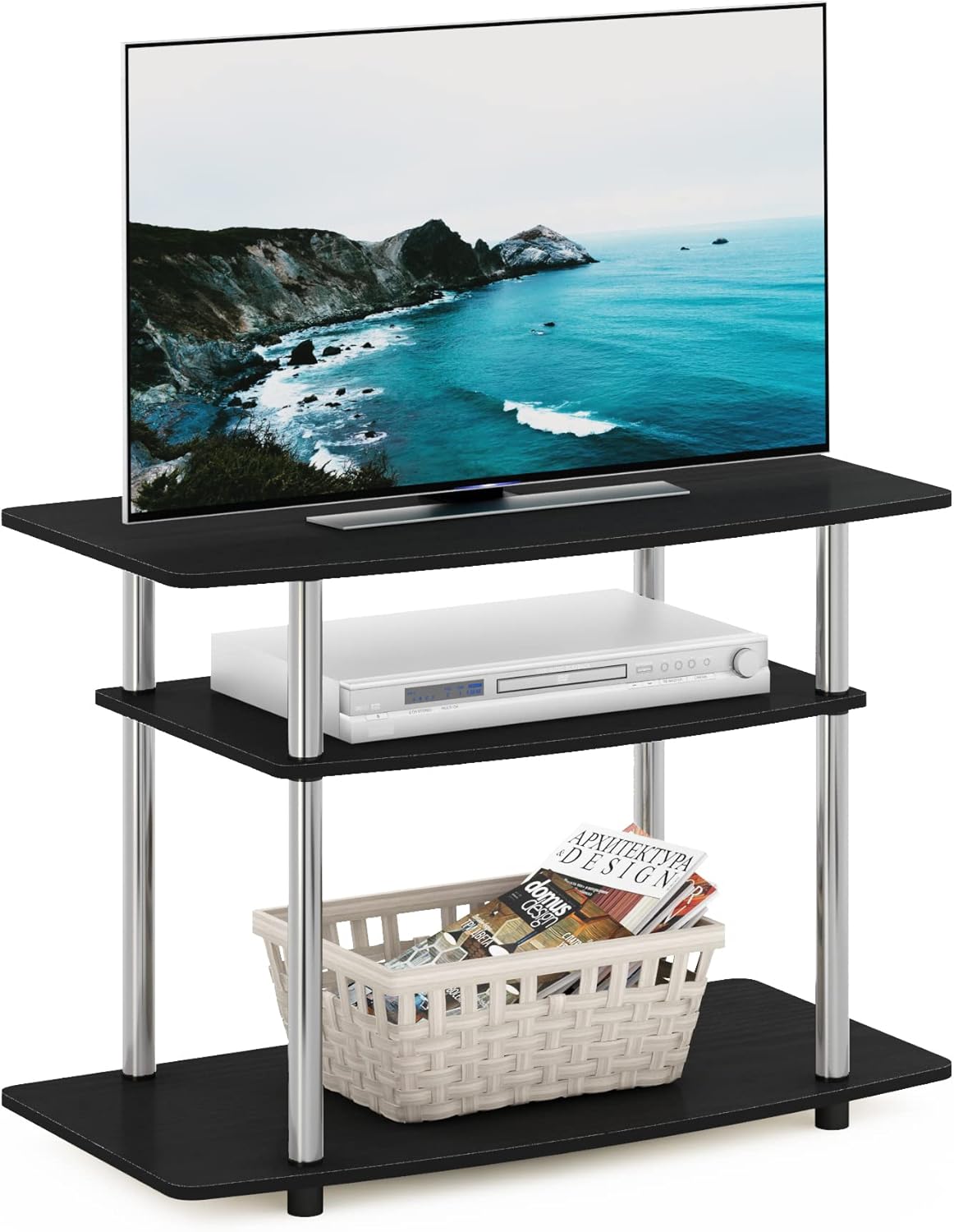 Furinno Turn-N-Tube No Tools 3-Tier Entertainment Center TV Stand for TV up to 32 Inch, Stainless Steel Tubes, Americano/Chrome