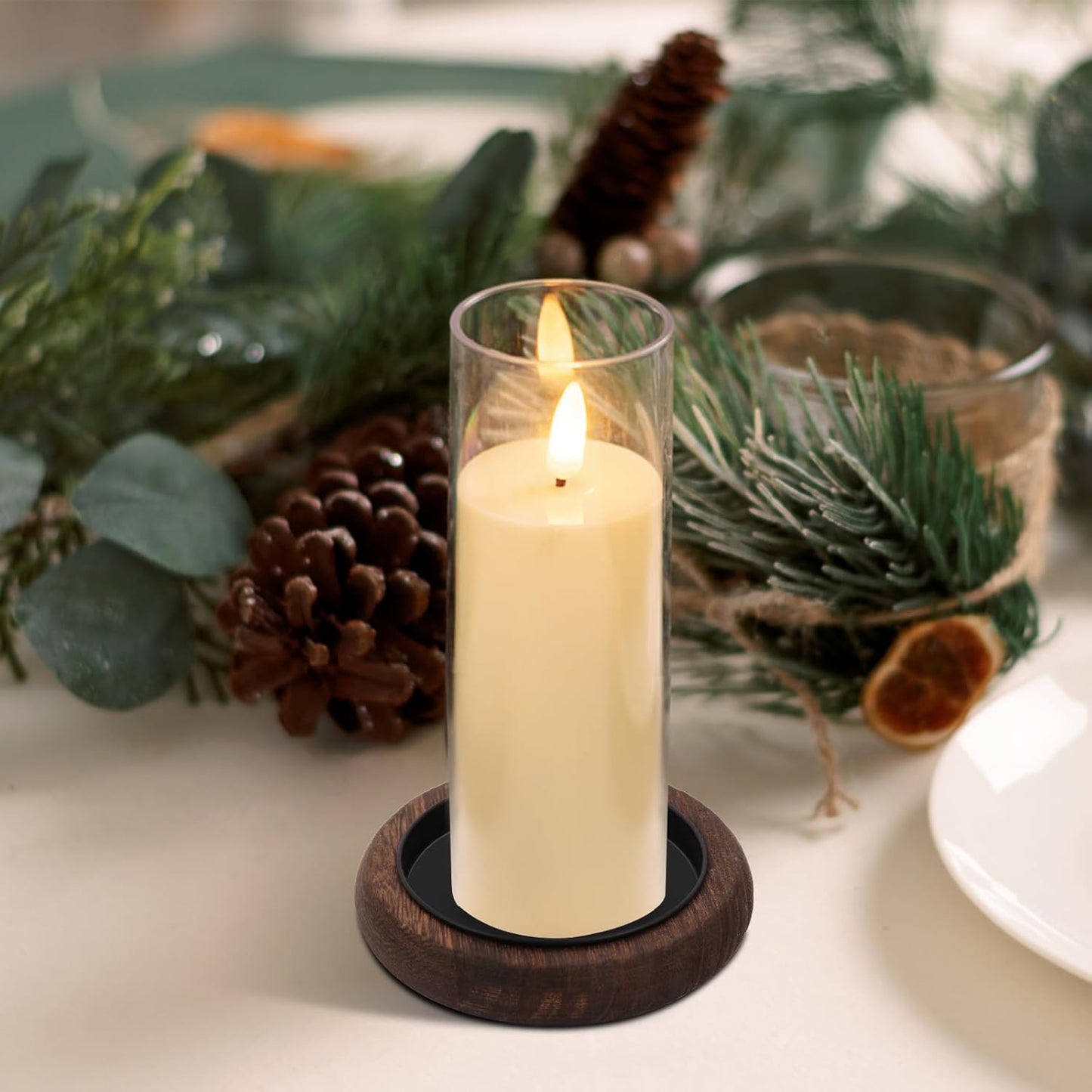Wood Candle Holder Farmhouse Decor Wooden Pillar Candles Tray for Table Centerpiece Small Decorative Tray Riser Round Wooden Plate Pedestal Stand for Coffee Table for Christmas Decor Mu-4