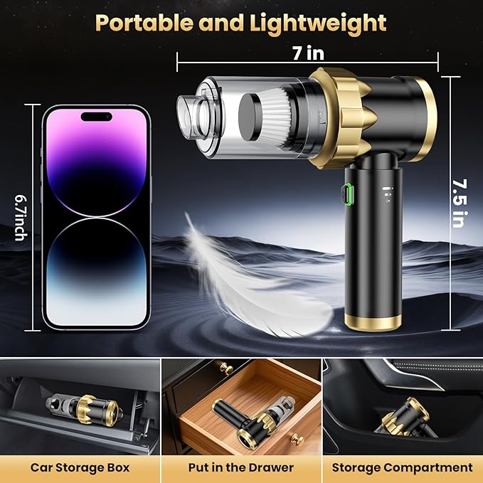 Car Vacuum Portable Cordless - Handheld Vacuum Cleaner with 16000PA Strong Suction, 7-in-1 Air Duster/Blower, Rechargeable Mini Vacuum with Long Battery, Multi-Nozzles for Car,Home, Office, Pet