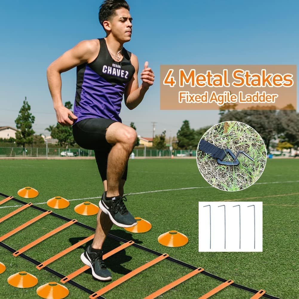 Pro Speed & Agility Training Set—Includes 12 Rung 20ft Adjustable Agility Ladder with Carrying Bag, 12 Disc Cones, 4 Steel Stakes, 1 Resistance Parachute, Use Equipment to Improve Footwork Any Sport