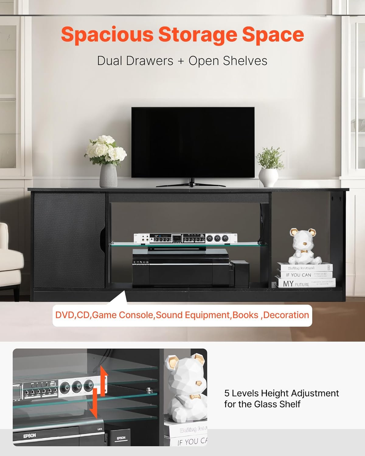 VEVOR TV Stand for TVs up to 65 inch, Modern Entertainment Center with Light Strip, Wooden TV Cabinet Storage with Glass Shelf and Adjustable Shelves, Console Table for Living Room and Bedroom, Black