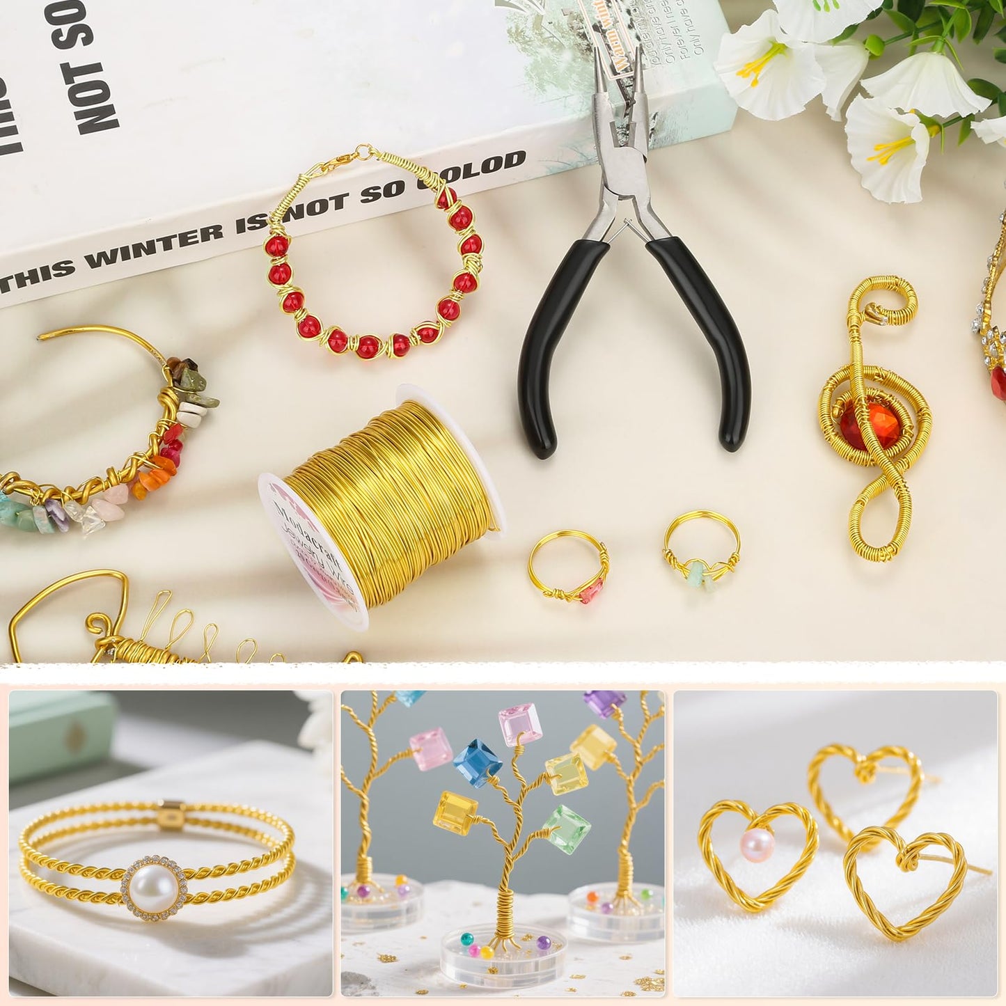 Modacraft 20 Gauge Gold Jewelry Wire & 4-in-1 Pliers Kit - 82FT Tarnish Resistant Copper Craft Wire (0.8mm) for Wire Wrapping, DIY Jewelry Making, Christmas Ornaments & Holiday Decorations