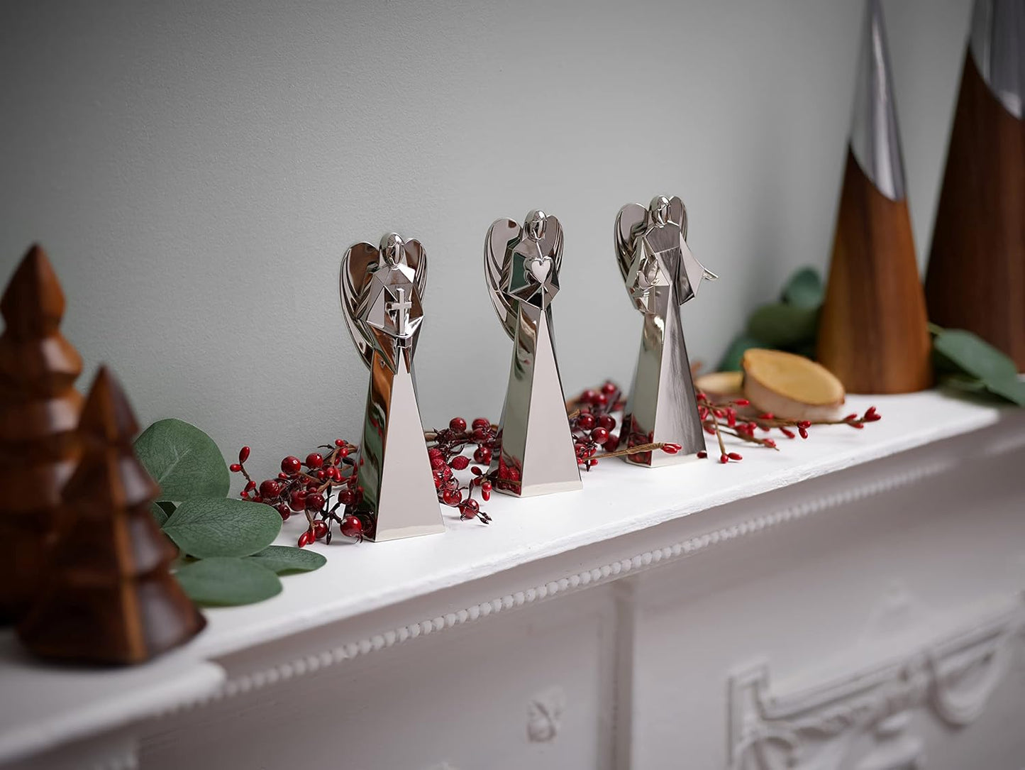 Nambé Holiday Angels Set by Mike Altomari - Faith, Love & Peace Theme, Ideal for Christmas Decor or Collectible Display with Cross, Heart, and Dove Symbols - 5.5” Silver-Plated Alloy Sculptures