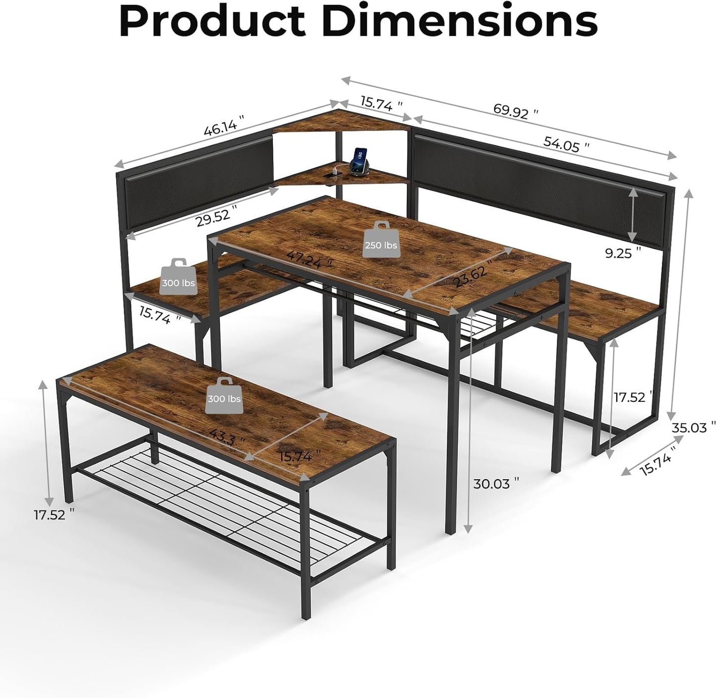 Corner Dining Table Set for 4-6, Breakfast Nook Table Set with Charging Port, Corner Kitchen Table with Storage & Bench, Farmhouse Corner Dining Table Set for Dining Room, Kitchen - Brown