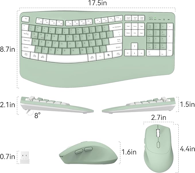 Wireless Keyboard and Mouse Combo,2.4G Full Size Wave Keys Ergonomic Keyboard with Wrist Rest for Natural Typing, 3 DPI Adjustable Ergonomic Mouse for Computer/Laptop/Windows/Mac (Avocado Green-A)