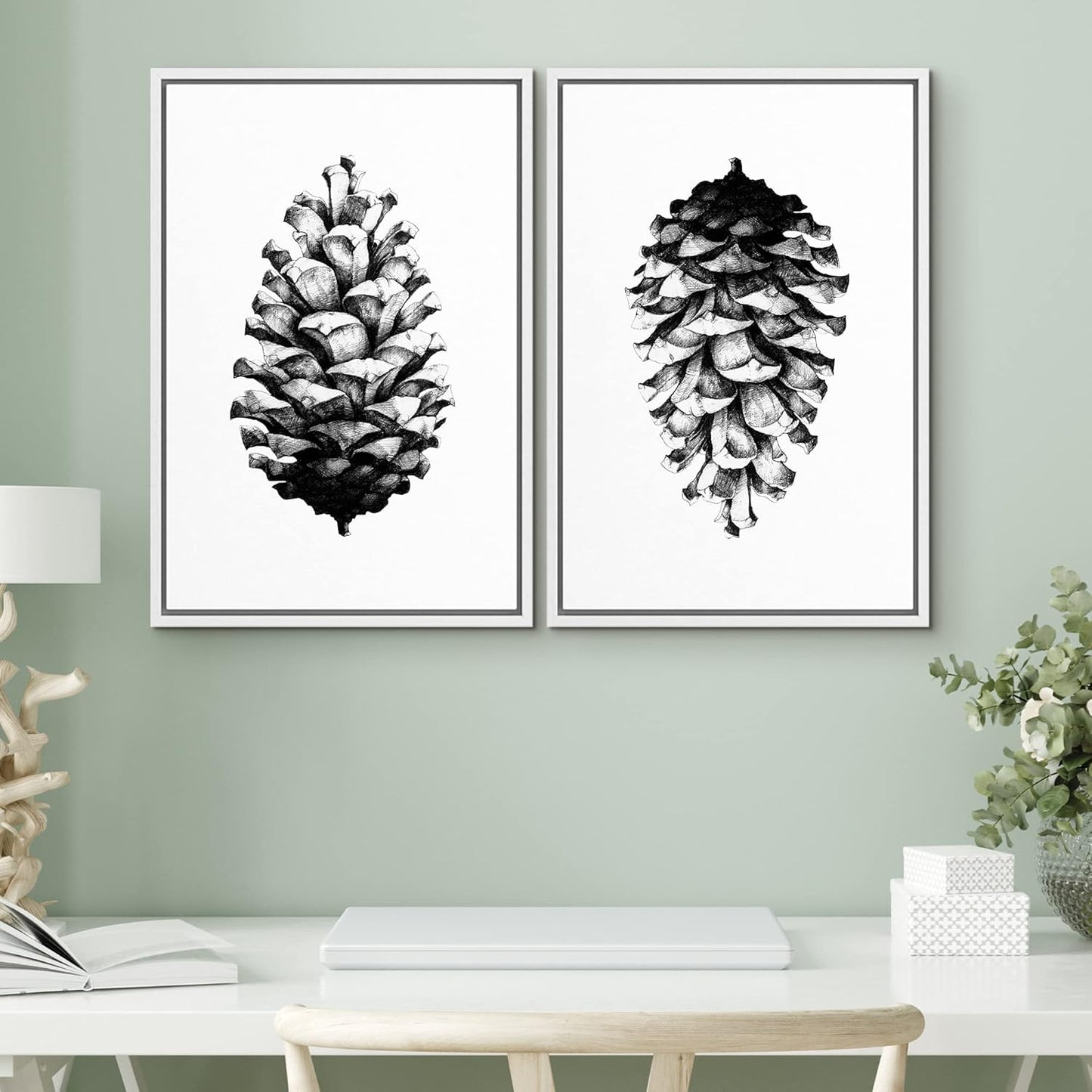 SIGNWIN Framed Canvas Print Wall Art Set Black & White Forest Woodland Pinecone Nature Wilderness Illustrations Modern Art Rustic Relax/Calm for Living Room, Bedroom, Office - 16"x24"x2 White
