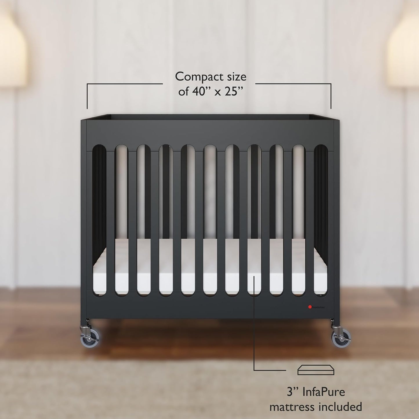 Foundations Boutique Folding Hotel Crib and Sheet Bundle - Includes Wooden Mini Crib with 3" Foam Mattress (Ebony) and 6-Pack White Fitted Compact Sheets