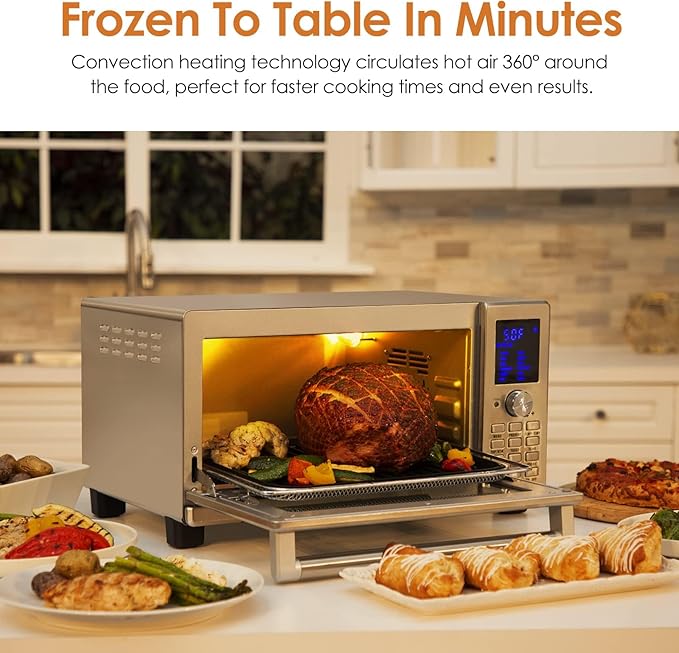 Nuwave Bravo Air Fryer Convection Oven Countertop, 100-in-1 Smart Grill Combo,10 Toaster Settings, Finer Control of 5 Heaters & 3 Fan Speed, 50-500°F, Smart Thermometer, Stainless Steel, PFAS Free