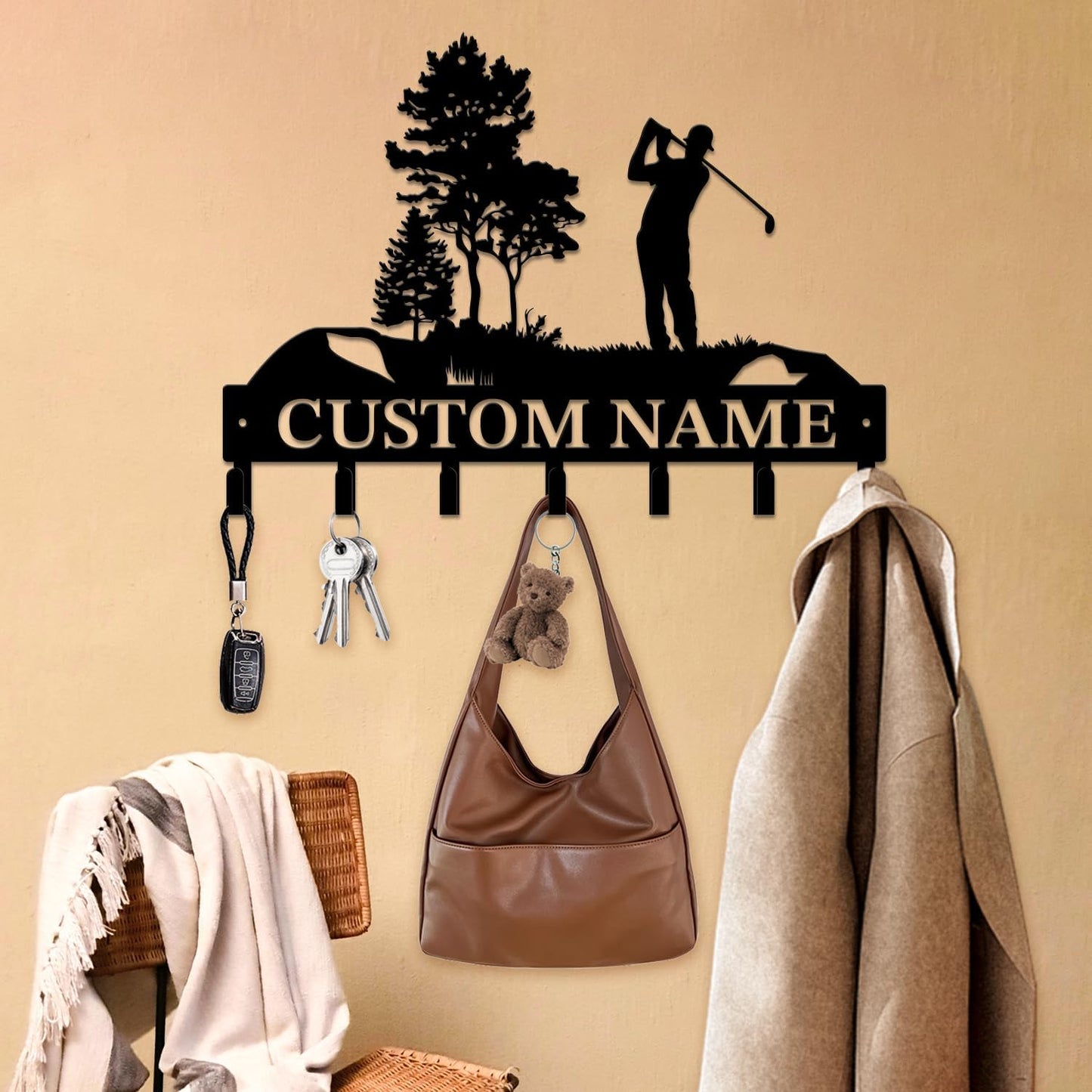 Personalized Custom Name Golf Ball Wall Keys Hooks,Metal Golf Art Clothes Hooks,Metal Golf Lover Wall Home Storage Decorative,For Front Door, Hallway, Kitchen, Bedroom,Keys,Hats (Style J)