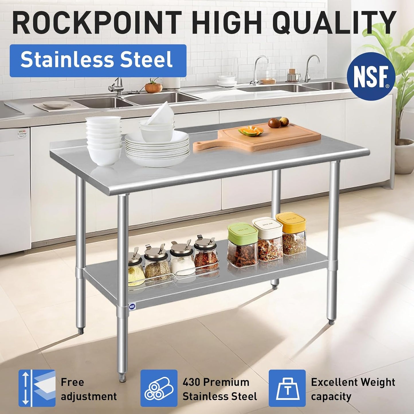 ROCKPOINT Stainless Steel Table for Prep & Work with Backsplash 18x30 Inches, NSF Metal Commercial Kitchen Heavy Duty Table with Adjustable Under Shelf and Table Foot for Restaurant, Home and Hotel