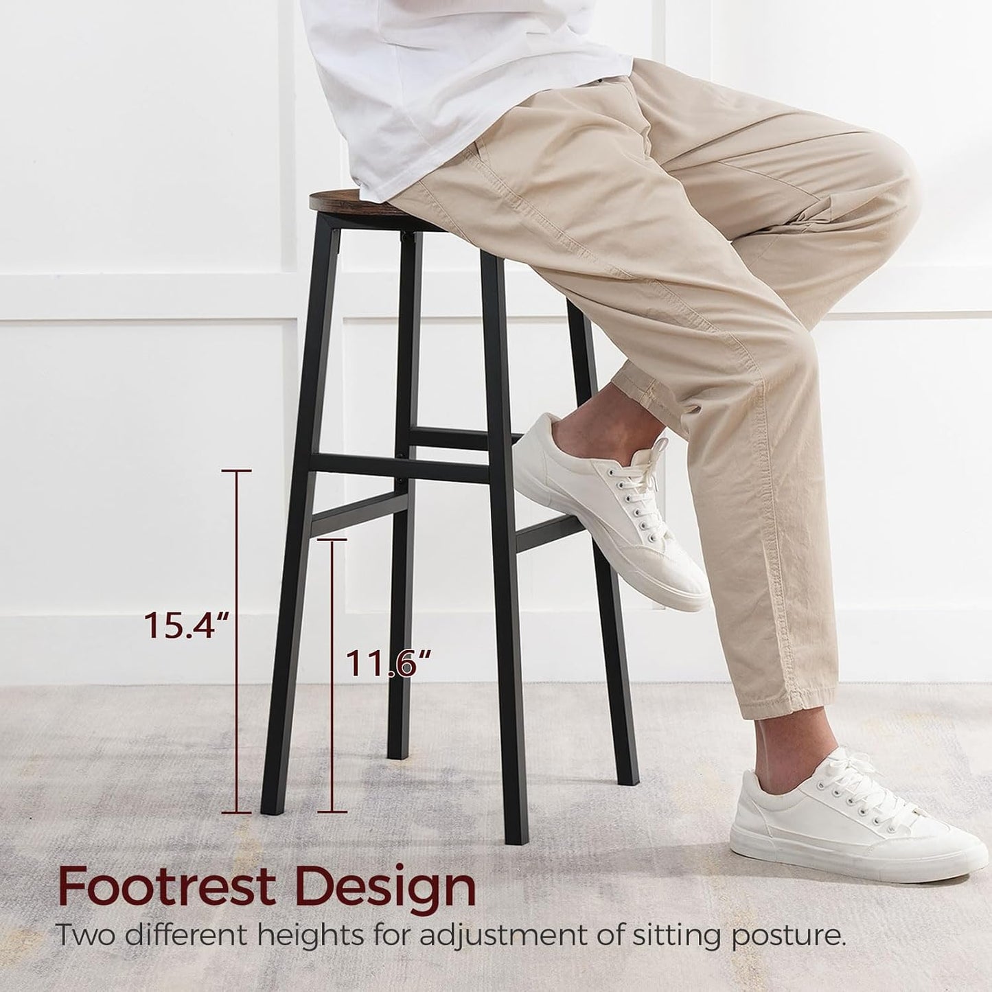Bar Stools, Set of 2 Round Bar Chairs with Footrest, 28 Inch Kitchen Breakfast Bar Chairs, Industrial Bar Stools, Easy Assembly, for Dining Room, Kitchen, Rustic Brown BAHR02701