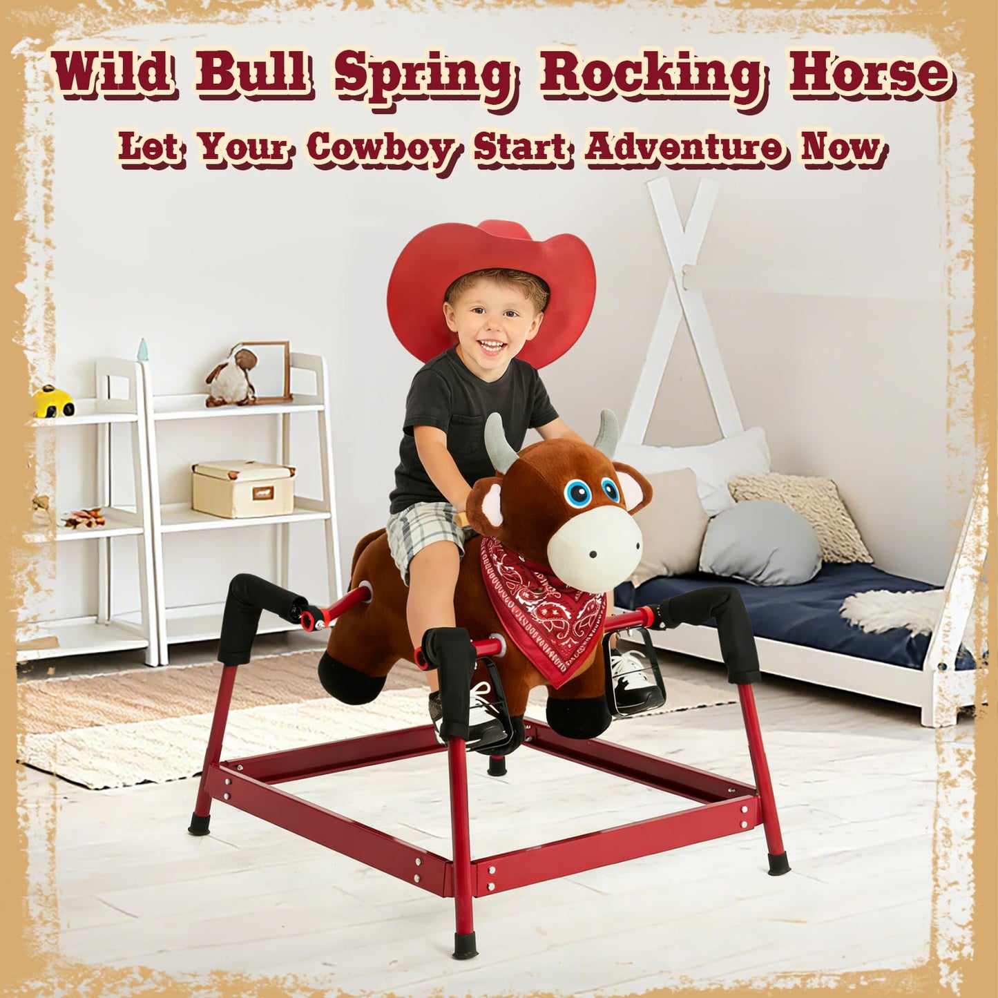 FUNLIO Bull Spring Rocking Horse for Kids 3-6, Wild Ride on Horse with Covered Spring & Sturdy Frame, Neighing & Galloping Sound for Pretend Play, Spring Horse Toys Gift, CPC & CE Certified