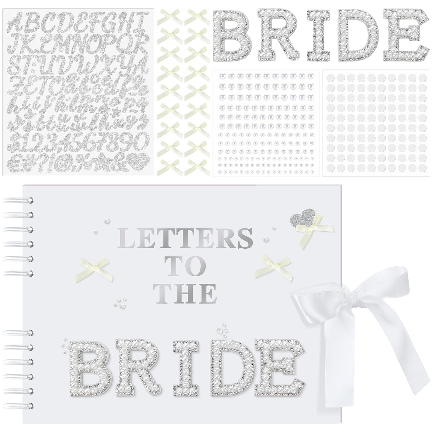 Fuyoooo 11.5 x 8.5 Inch Letters to the Bride Scrapbook Wedding Memory Book Bridal DIY Blank Paper Scrapbook Photo Album Guest Book Sign with Pearl Stickers, Metallic Letters, Bows (White)