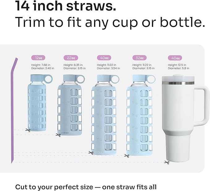 purifyou 14.5in Extra Long Reusable Silicone Straws with Cleaning Brush, Portable Case, Fits 40oz Stanley Cups, Tumblers & Water Bottles, Durable, Travel-Friendly, Convenient (Set of 4, Pastel Colors)