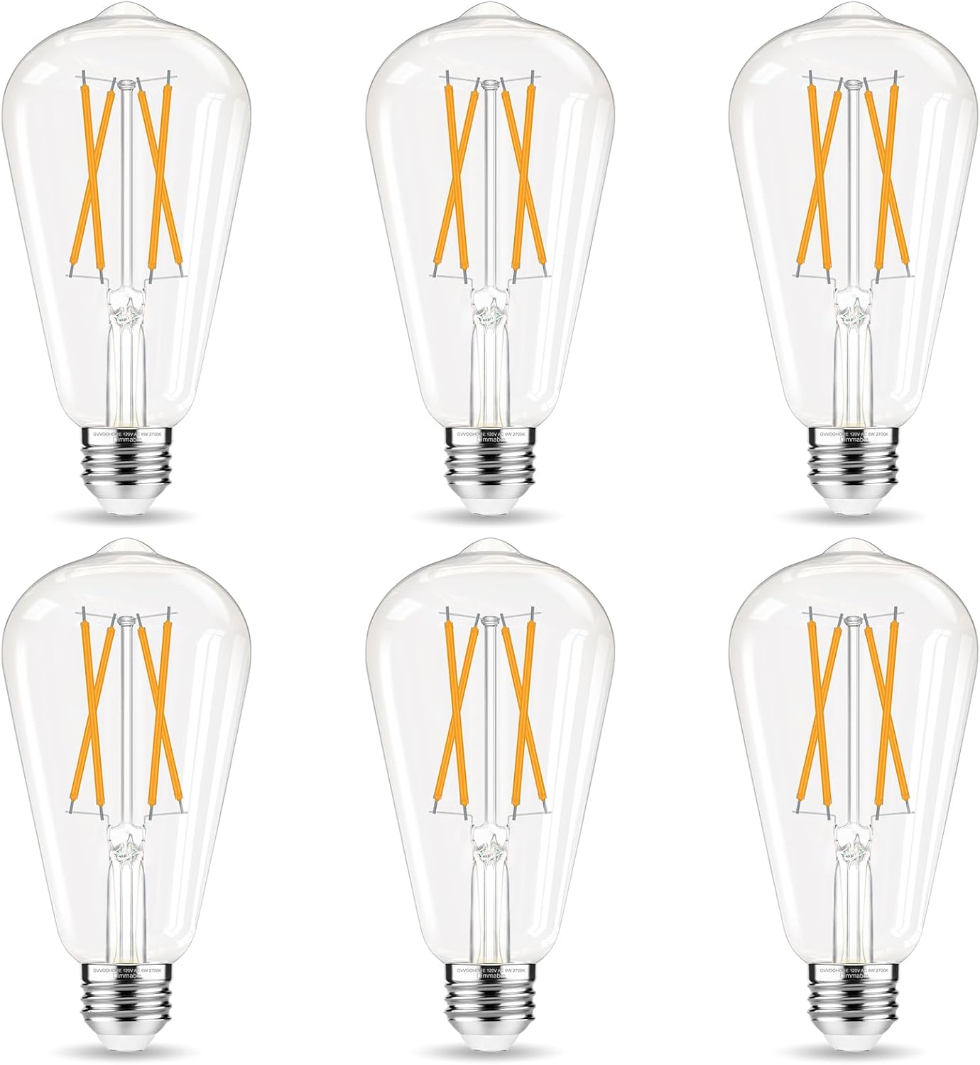 LED Edison Bulbs Dimmable, E26 Bulb 60 watt Equivalent, Soft White 2700K, ST58 Vintage Light Bulbs, 90+ CRI, 6W 600LM, E26 Base, Clear Glass, 6 Pack