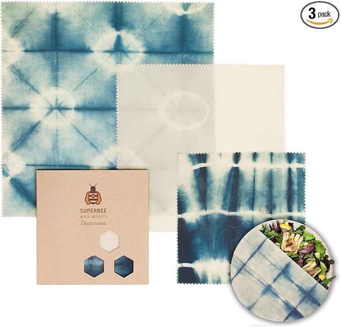 SUPERBEE Beeswax Wrap for Food, Set of 3 Bees Wax Wraps, Reusable Bees Paper for Wrapping Vegetables, Cheese, Bowl Covers and Sandwich Wrapping Paper, Beeswax Food Wraps (BeeIndigo)