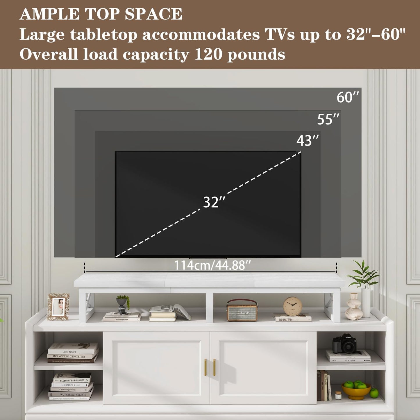 IBUYKE 45" Large TV Riser for 32-60 inch TV,Tabletop Short TV Stand with Storage and Steel Legs,TV Riser Stand for Home,Bedroom,Living Room,White TVT002W