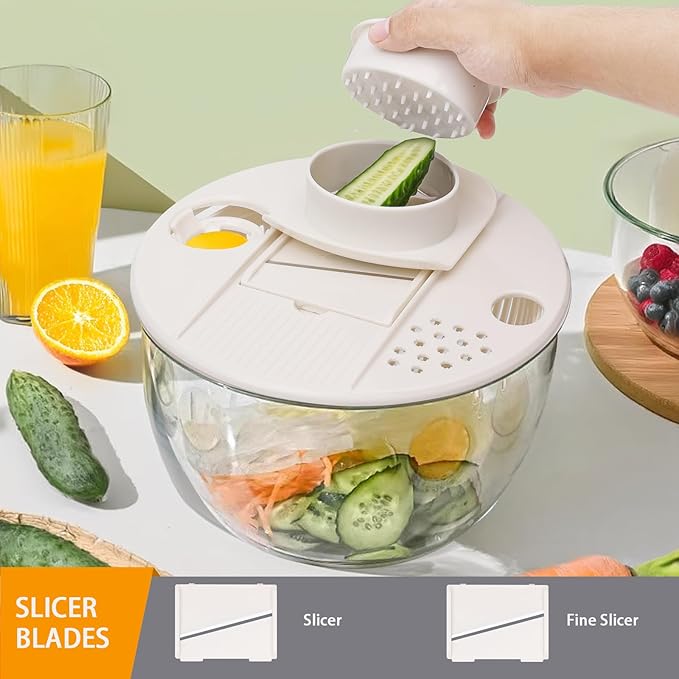 5.3QT Large Lettuce & Fruit Spinner Washing Bowl - Spin Dry Greens, Vegetables & Salad | Multitasking Kitchen Tool with Slicer, Grater & Lemon Juicer