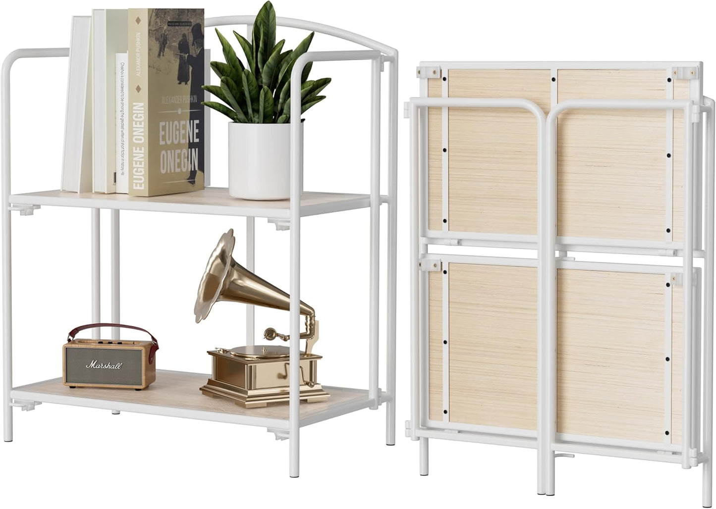 Crofy No Assembly Folding Bookshelf for Living Room, 2 Tier White Collapsible Book Shelf for Home Office, Portable Bookcase Storage Organizer