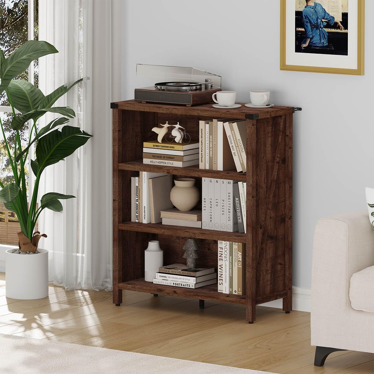 BON AUGURE Rustic Short Bookshelf, 3 Shelf Bookcase, Small Wood Low Book Cases/Shelves, Farmhouse Storage Tier Book Shelves for Home Office, Living Room, Small Space (Rustic Oak)