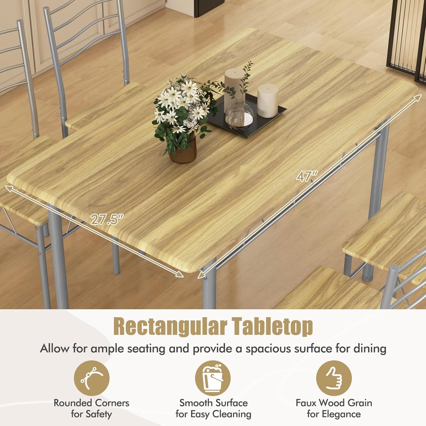 5 Piece Dining Table Set for 4 Chairs Modern Wood Metal Kitchen Breakfast Furniture (Shallow Walnut)