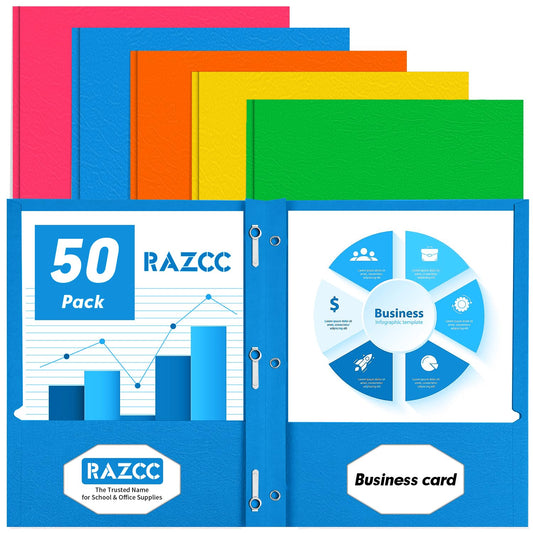 Two Pocket Folders, RAZCC 50 Pack Two Pocket Folders with Prongs, 3 Prong Folders Fit Letter Size Paper, Pocket Paper File Folders for School Office Home Business, Assorted 5 Colors