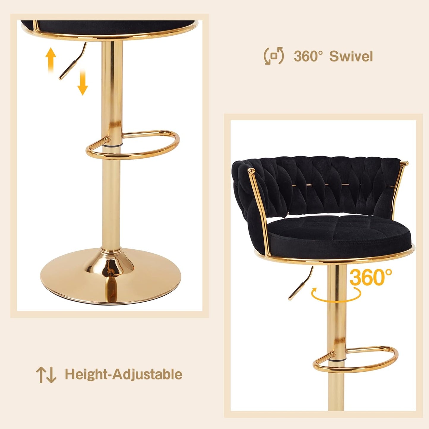 VECELO Bar Stools Set of 2, Adjustable Barstools Counter Height Stools with Back and Arm, Velvet Woven Kitchen Island Stools w/Gold Metal Leg & Base, 360° Swivel Bar Chair for Pubs Dining Room, Black