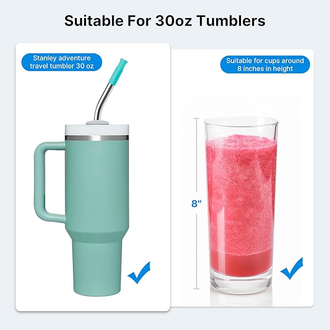 2 Pcs Stainless Steel Straw with Silicone Tips for 40 oz Stanley Tumbler, Repeatable 40 oz Metal Straws for Stanley Adventure Quencher Travel Tumbler Cup, BPA Free（Light Green）