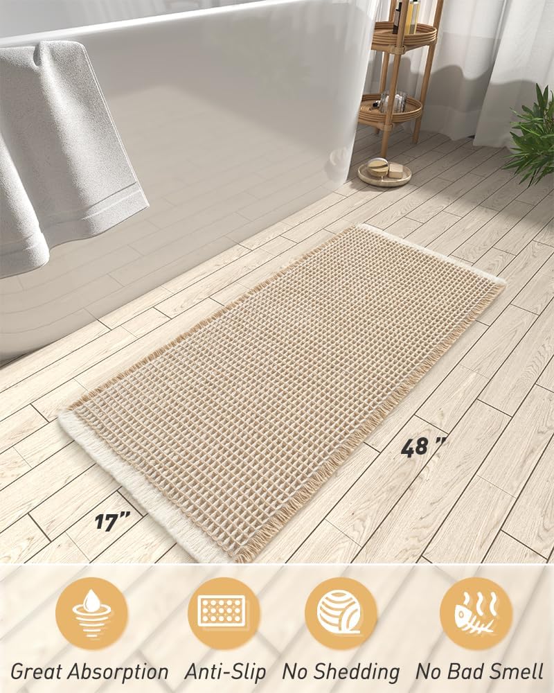 AMOAMI Upgraded Waffle Runner Rug Super Absorbent Non Slip Bath Mats for Bathroom Machine Washable Bathroom Runner Rug with Tassels, Ideal for Hallway Bedroom Laundry Room, 17" x 48", Brown & Cream