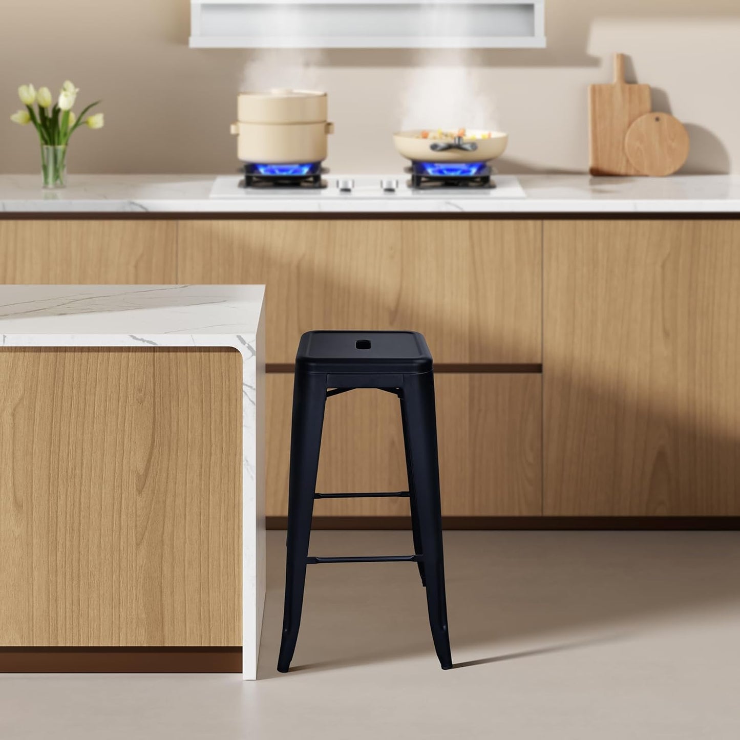 30 Inches Metal Bar Stools, High Backless Stools, Indoor Outdoor Stackable Kitchen Stools, Set of 4, Black