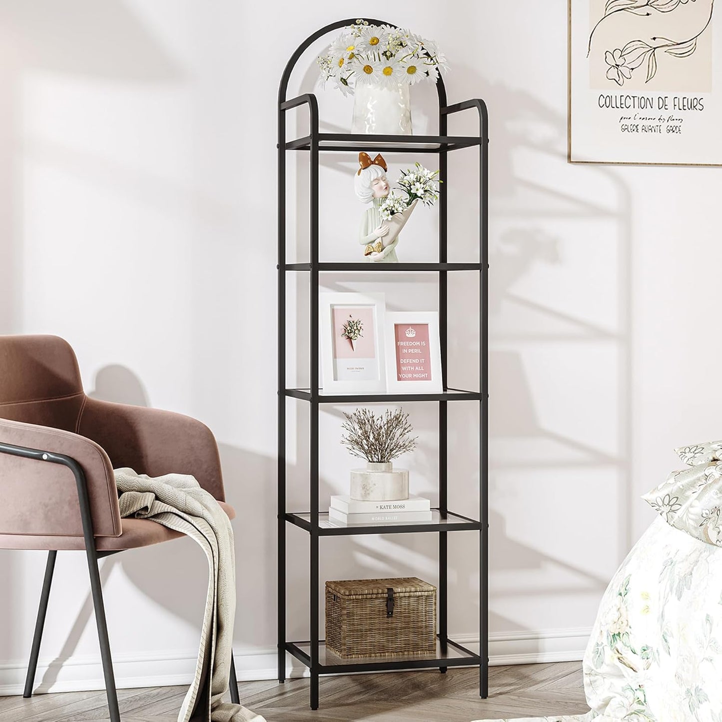 Bookcase Bookshelf, Tempered Glass Bookshelves, Slim Shelving Unit for Bedroom, Bathroom, Home Office, Steel Frame, 5 Tier Black BC05001B
