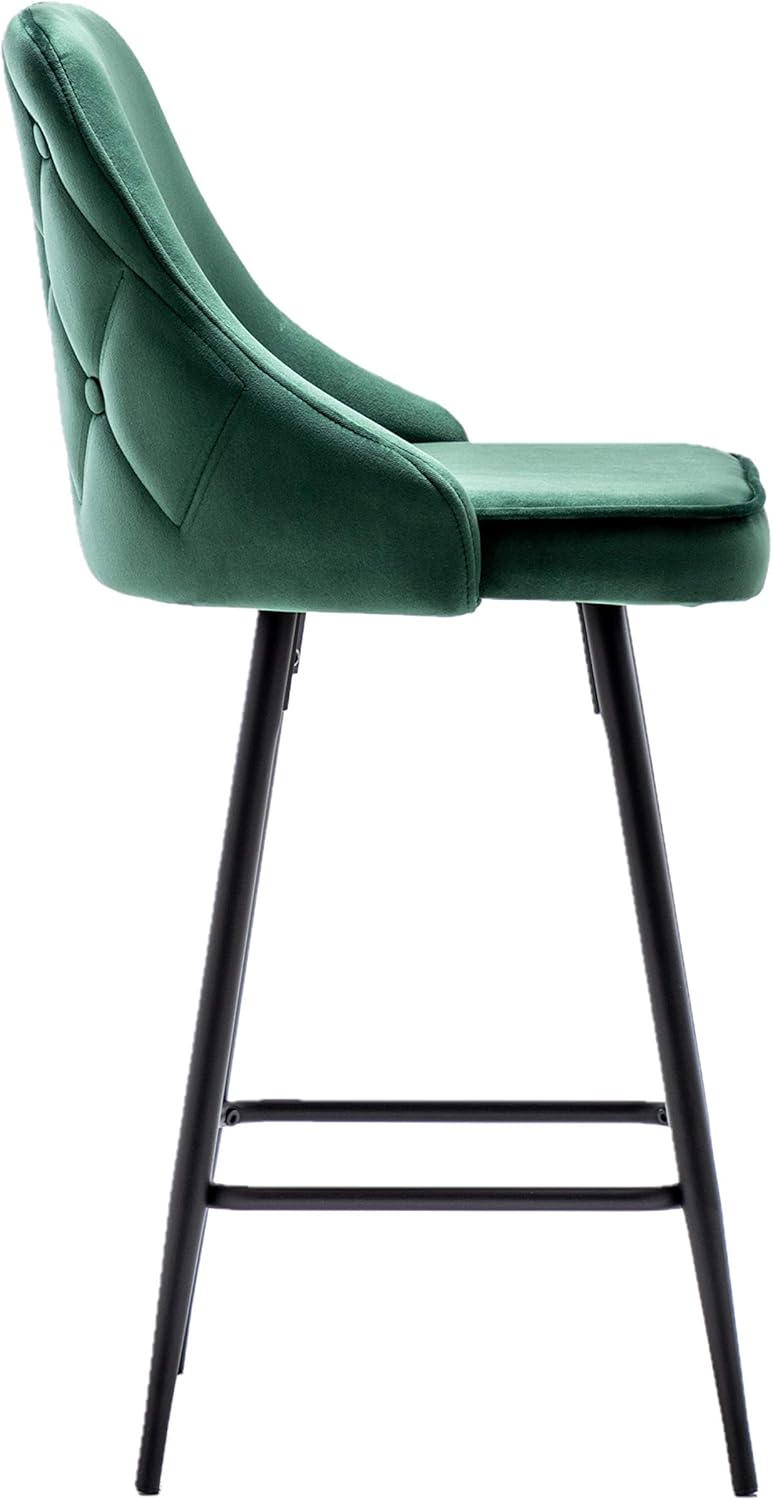 BTEXPERT Set of 2 Pack, Premium upholstered Dining 25" High Back Stool Bar Chairs, Green Velvet Tuftet Diamond Back