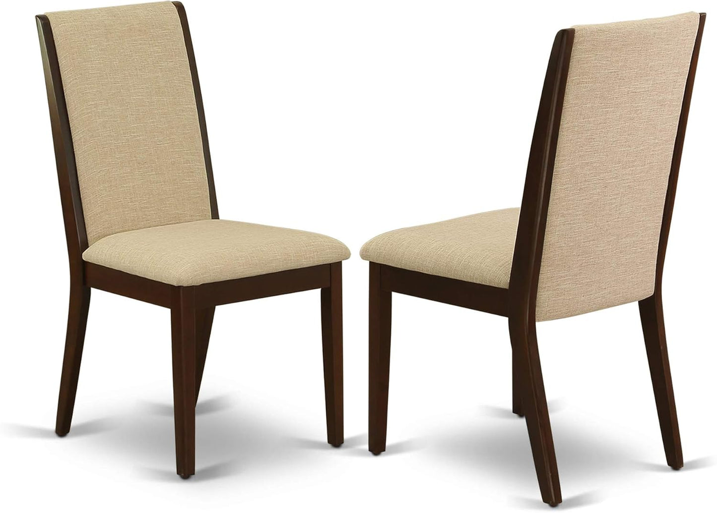 East West Furniture ESLA3-MAH-04 3 Piece Kitchen Table & Chairs Set Contains a Round Dining Room Table with Pedestal and 2 Light Tan Linen Fabric Parsons Chairs, 30x30 Inch, Mahogany