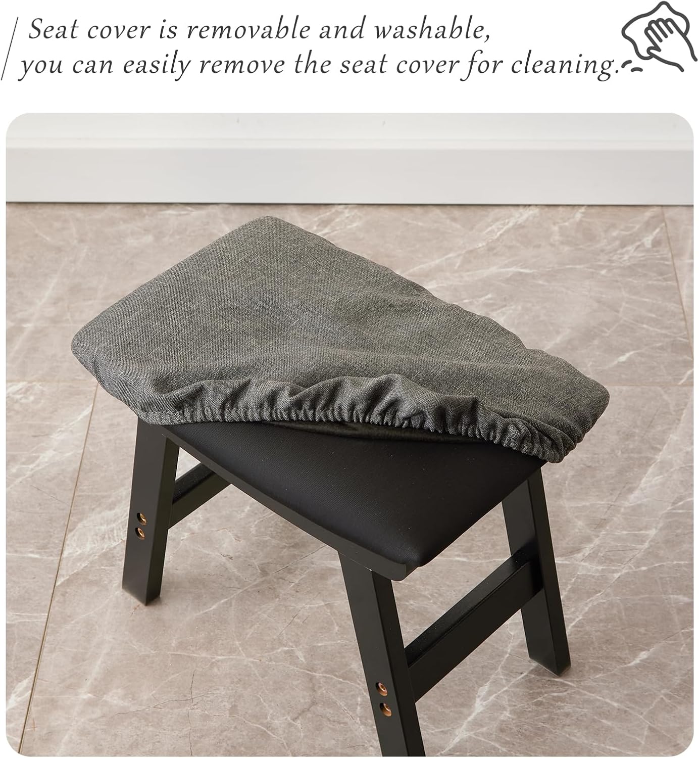Foot Stool,Ottoman,Bamboo Small Sofa Foot Rest Under Desk,Extra Seating for Living Room, Bedroom and Kitchen (Black Stool Legs - Gray Surface)