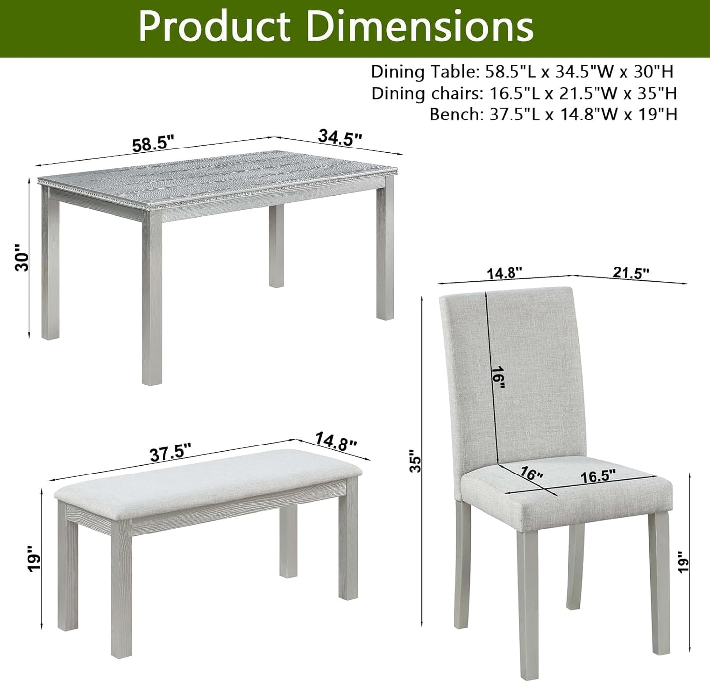 KEIKI 6-Piece Standard Height Dining Table Set with Rectangular Table, 4 Upholstered Chair, Bench, for 6 Person, Crystal Decoration Table Set, Easy Assembly, for Kitchen, Dining Room, Silver Grey