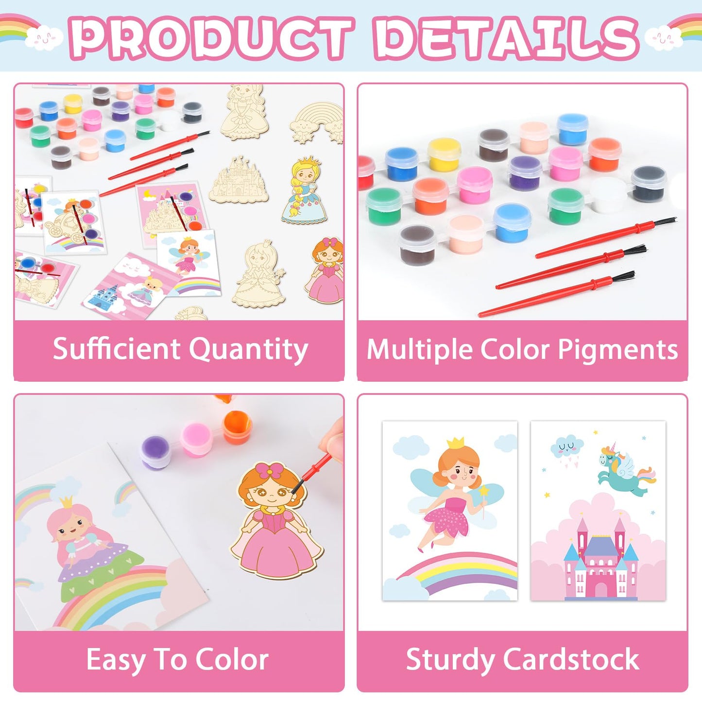 24Pcs Princess Party Favors Birthday Supplies Decorations-Cards with Art Crafts Castle Fairies DIY Wooden Painting Craft Kits Thank You for Coming Gifts Bulk Goodie Bags Stuffers Prizes for Kids Girls