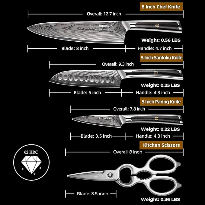 Sunnecko Damascus Kitchen Knife Set 4 Piece, Sharp Chef Knife Set with Kitchen Scissors, Professional Kitchen Knives Sets Full Tang with Gift Box