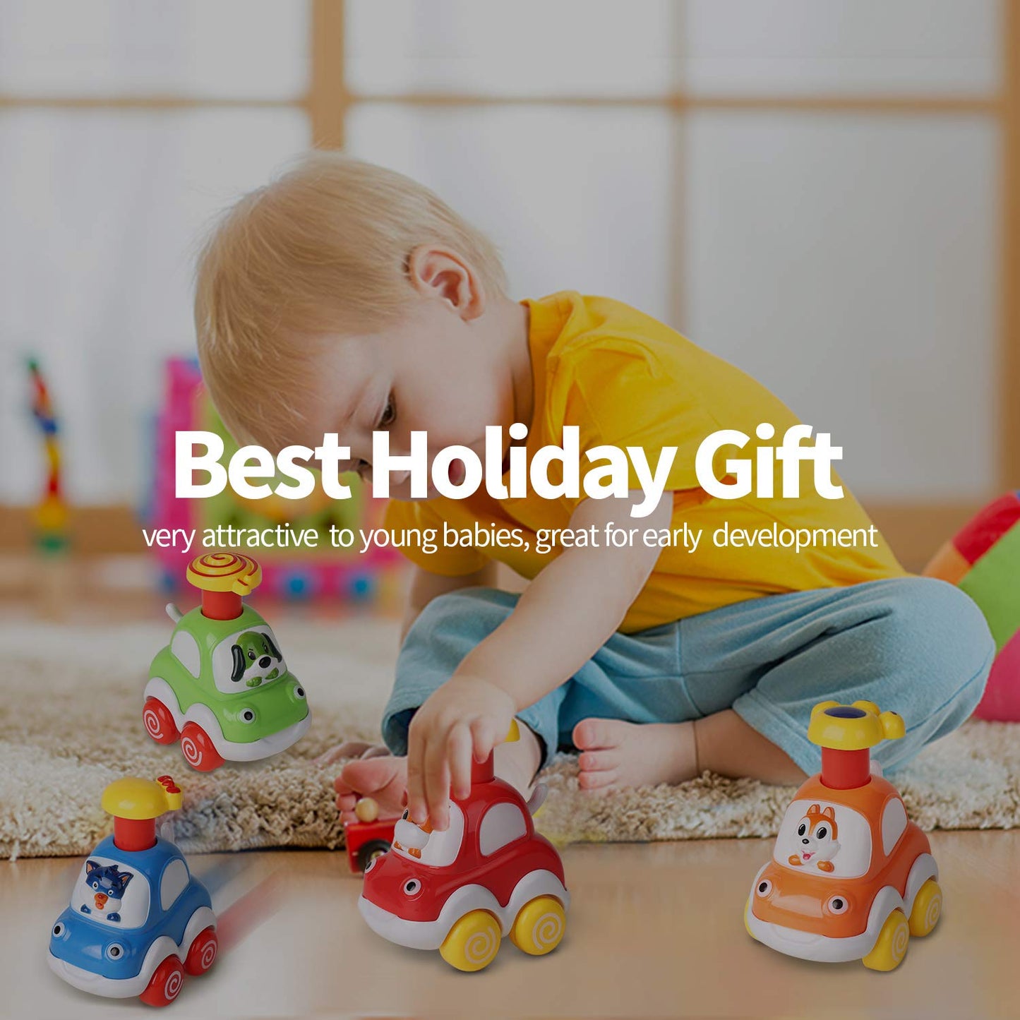 ALASOU 4 PCS Animal Car Toys and 3 PCS Suction Cup Rotating Toys for Infant and Toddlers