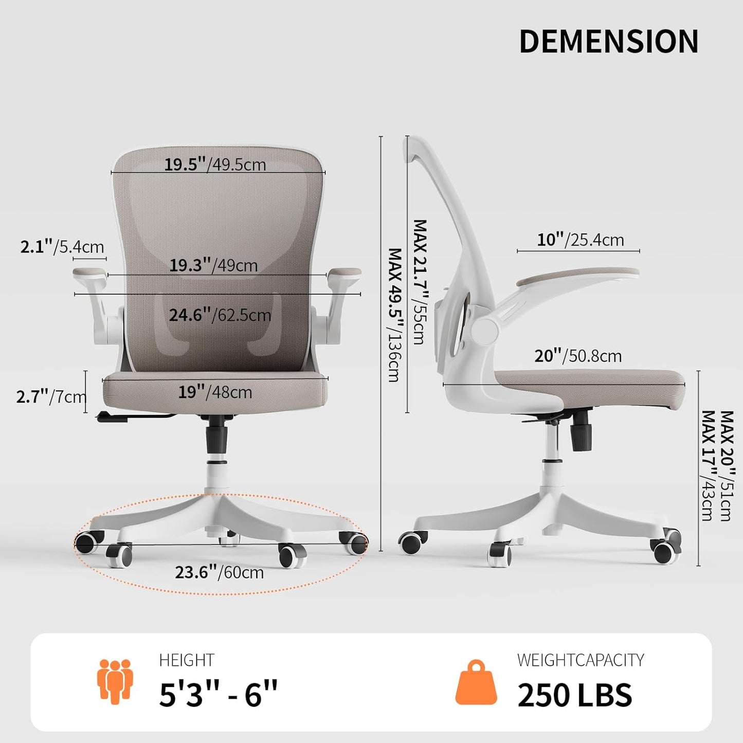 Monhey Office Chair Ergonomic Desk Chair with Lumbar Support&Headrest&Flip-up Arms Height Adjustable Rocking Swivel High Back Computer Chair Warm Taupe Mesh Study Chair (01Khaki)
