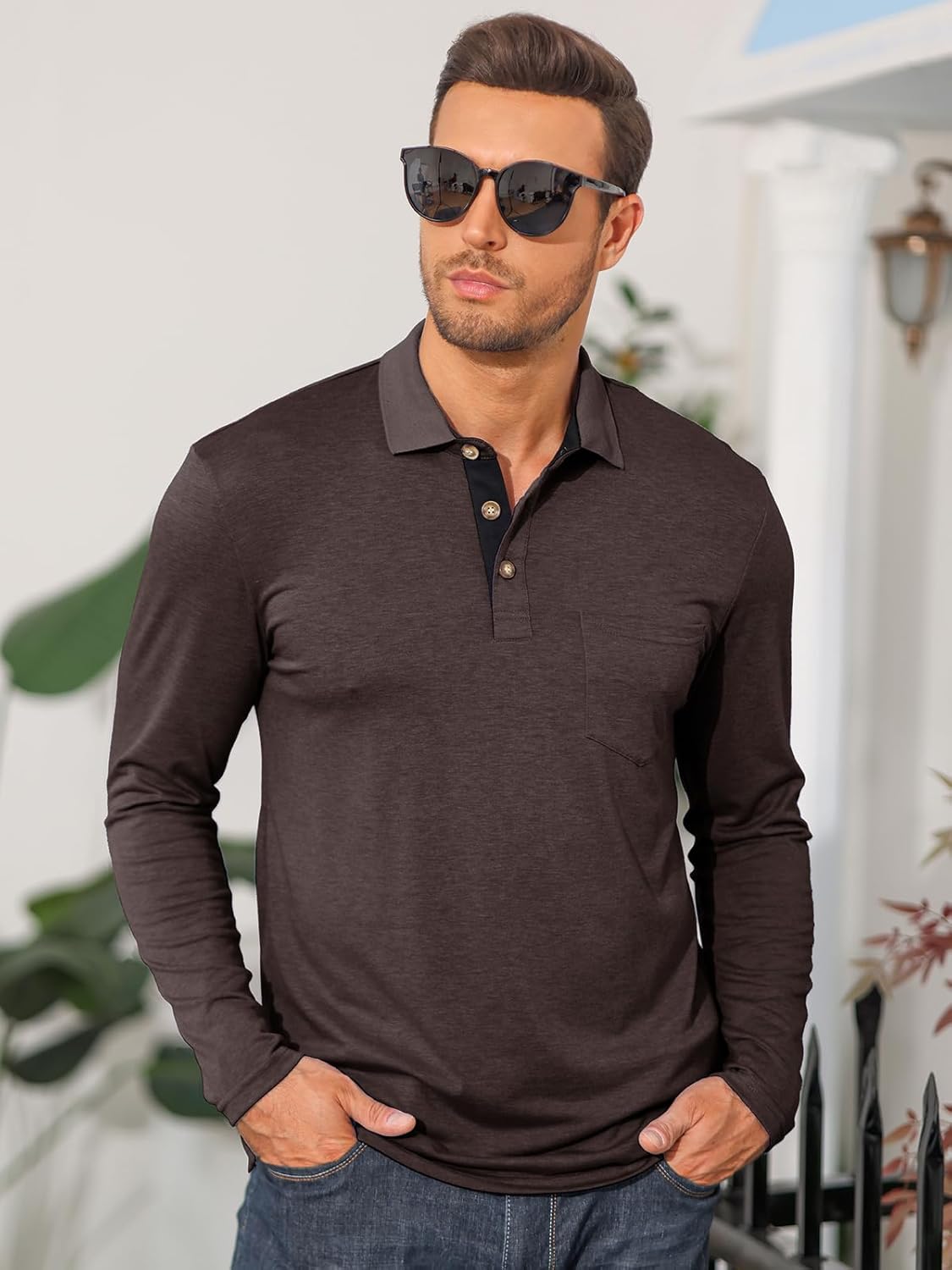 Mens Long Sleeve Polo Shirts Casual Moisture Wicking Golf Polo Shirts with Pocket