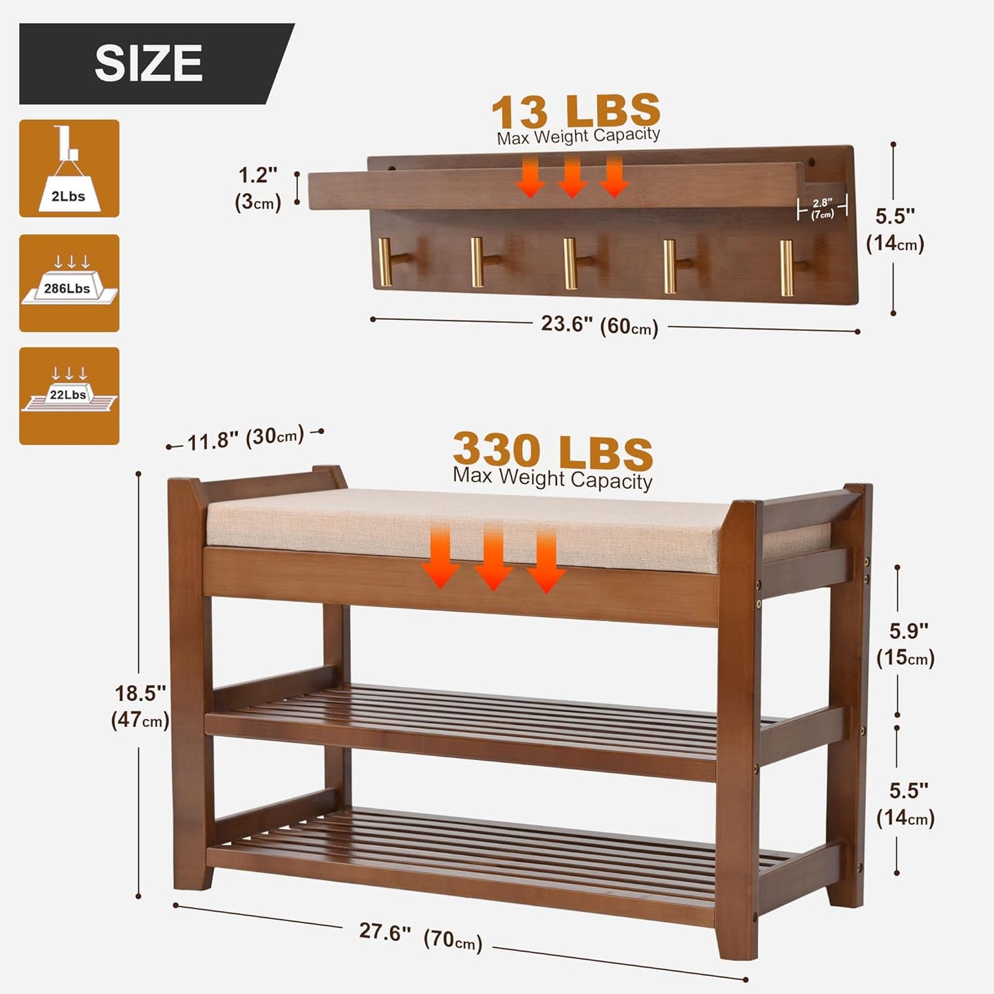 Shoe Rack for Front Door Entrance, 28” Entryway Bench with Coat Rack, Hall Tree Shoe Bench with Storage for Entry, Hallway, Bedroom, Living Room
