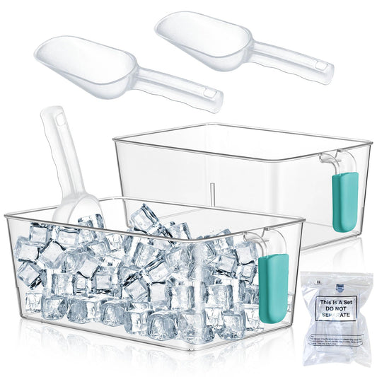 Havawish Ice Storage Bin and Flexible Scoop Set Plastic Freezer Bin with Pull out Handle Storage Bucket Clear for Container with Scoop(Blue,10.83 x 7 x 4.33 in,Classic)
