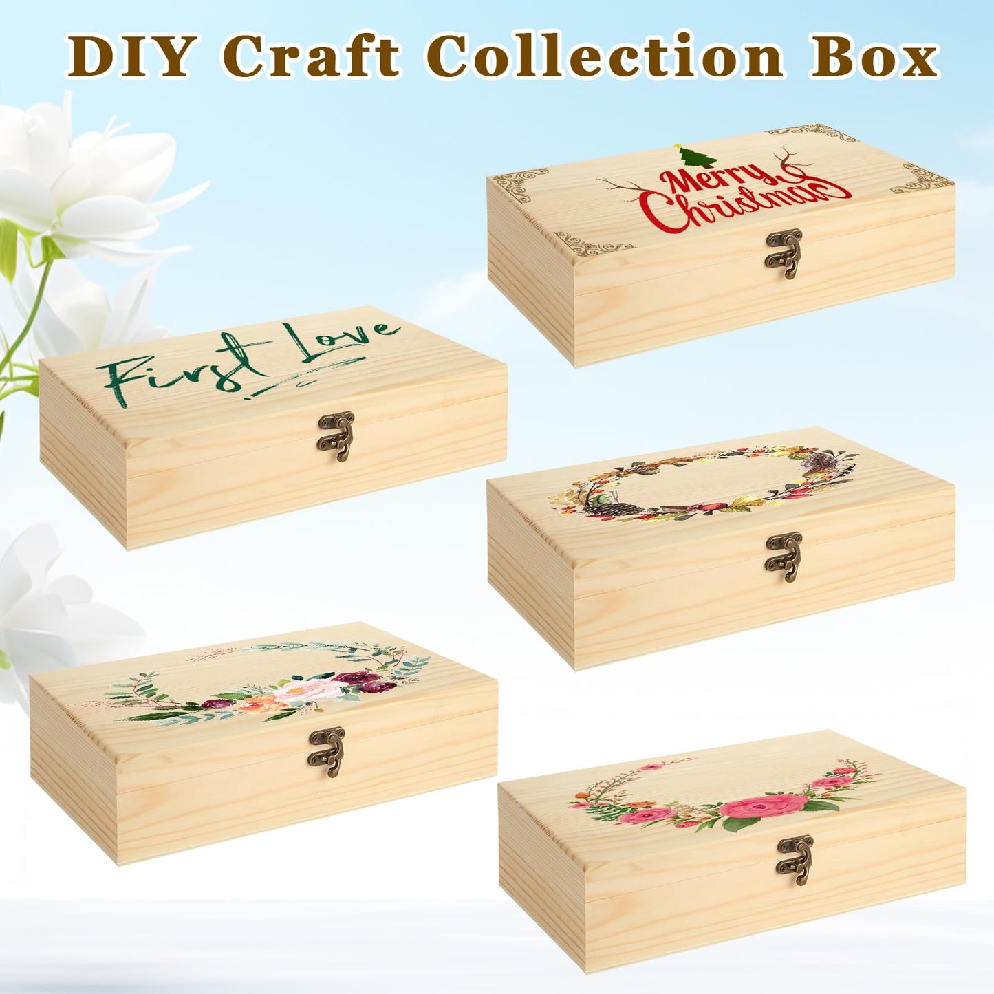 LANIAKEA 2PCS Unfinished Wood Box, 12" x 7.2" x 3" Wooden Box for Crafts, Wooden Box with Hinged Lid, Large Wooden Box for DIY Craft Art Hobbies and Home Storage