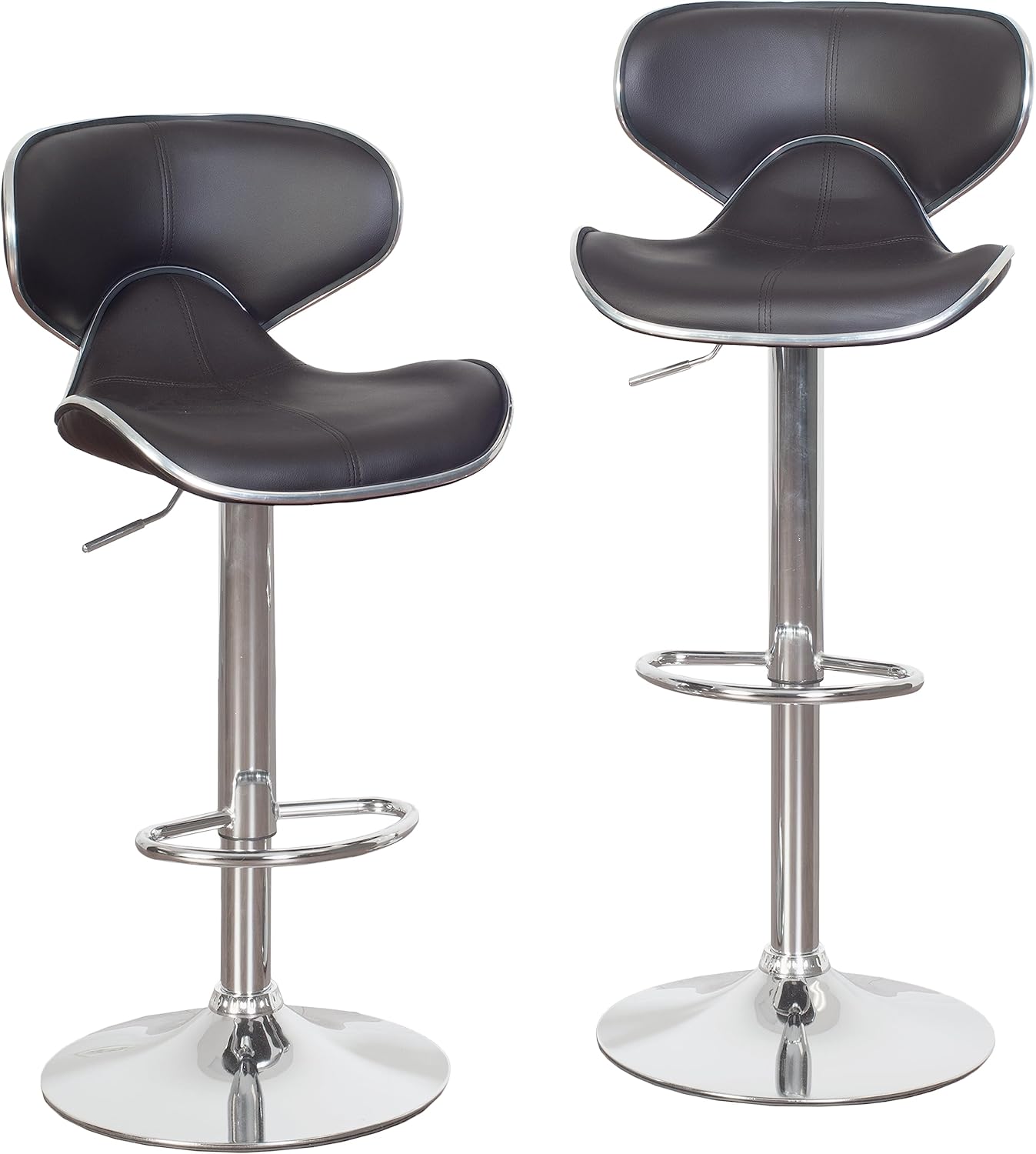 Roundhill Furniture Masaccio Cushioned Leatherette Upholstery Airlift Adjustable Swivel Barstool with Chrome Base, Set of 2, Brown