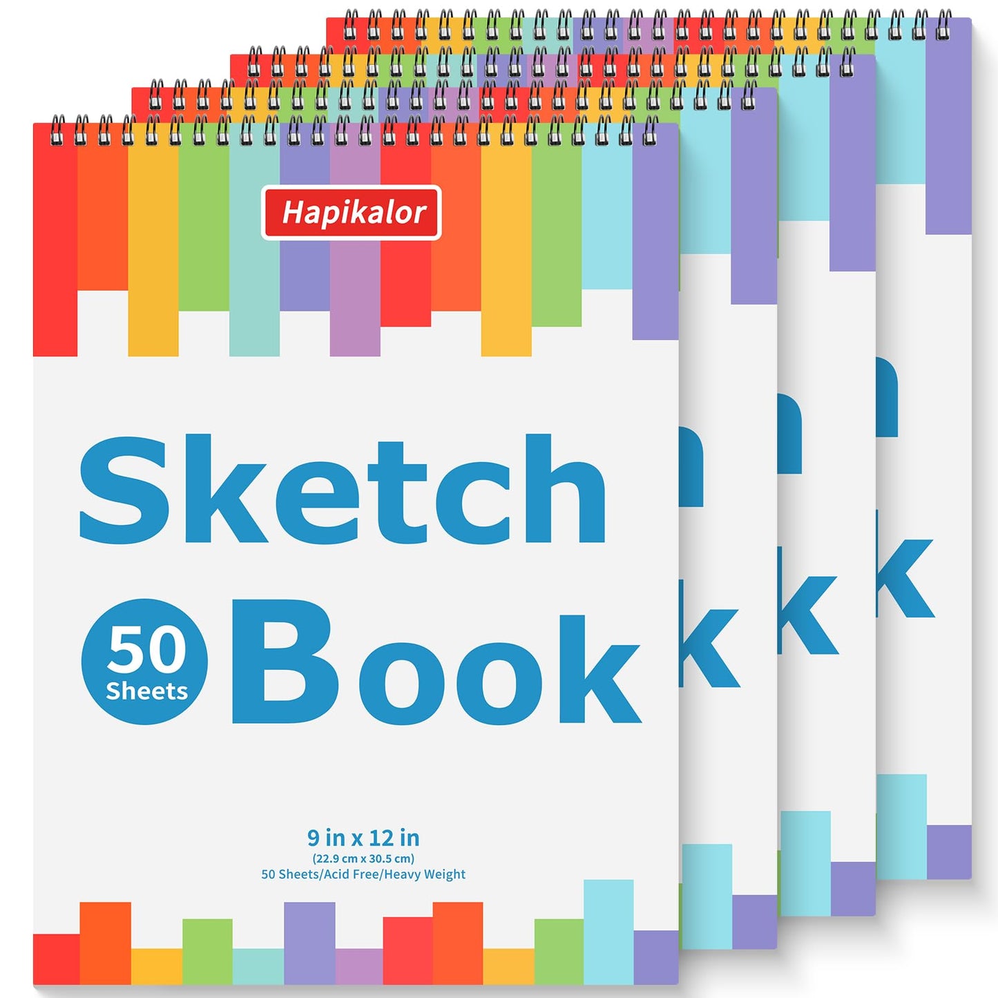 4 Pack 9x12 Sketch Book Spiral Bound, 50 Sheets Each 100gsm/68lb Acid-Free Drawing Paper, Lay-Flat Art Sketch Pad for Dry Media, Pencil, Charcoal, Sketching & Practice, School Supplies for Kids Adults
