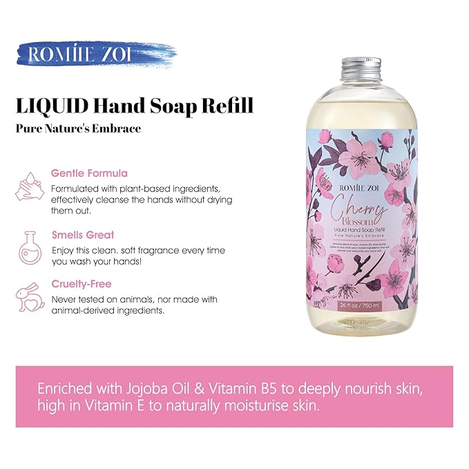 ROMIIE ZOI Liquid Hand Soap Refill, Cherry Blossom, Gentle & Moisturizing Formula, 750 ML/ 26 FL OZ