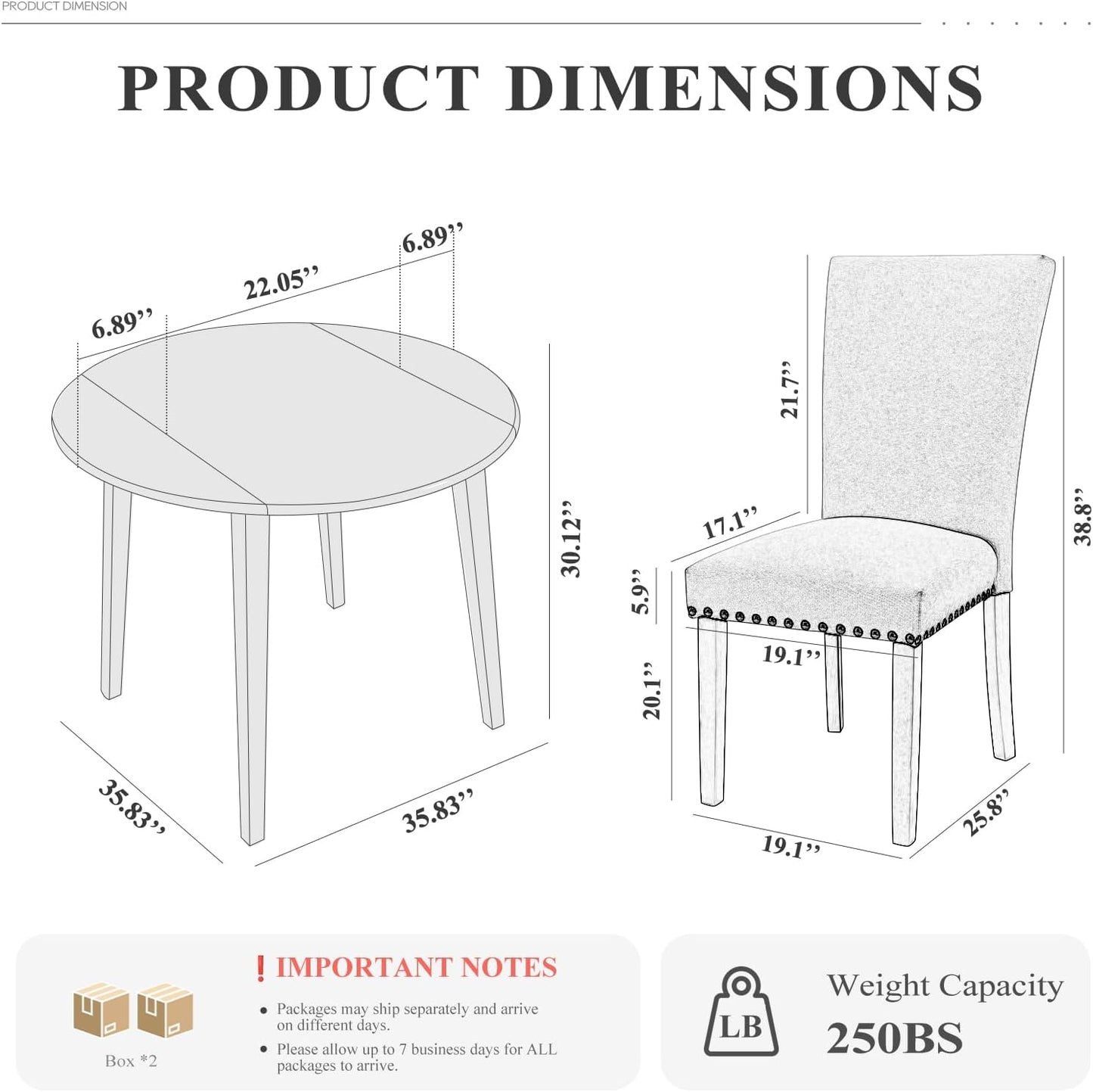 COLAMY 3-Piece Extendable Dining Table Set for 2, 36" Kitchen Round Wood Table with 2 Nailhead Dining Room Chairs,Light Brown/Black