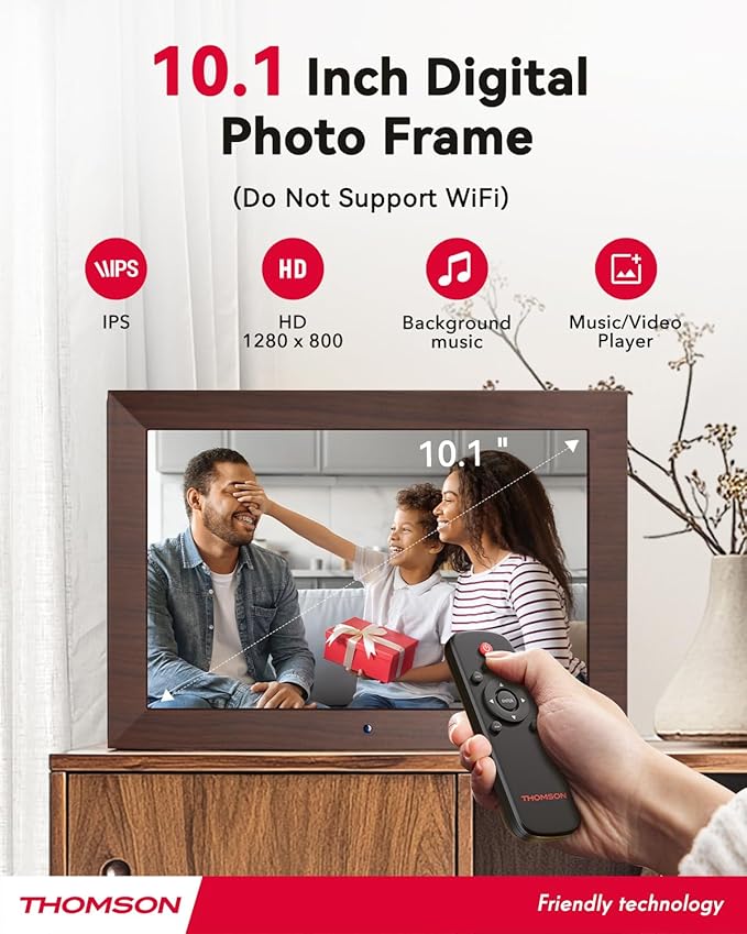 10.1" Digital Picture Frame with Remote Control, 1280 * 800 IPS Full View Ultra Clear Screen, Wooden Frame, Share Videos Photos Send Wishes Auto-Rotate Slideshow Non-WiFi