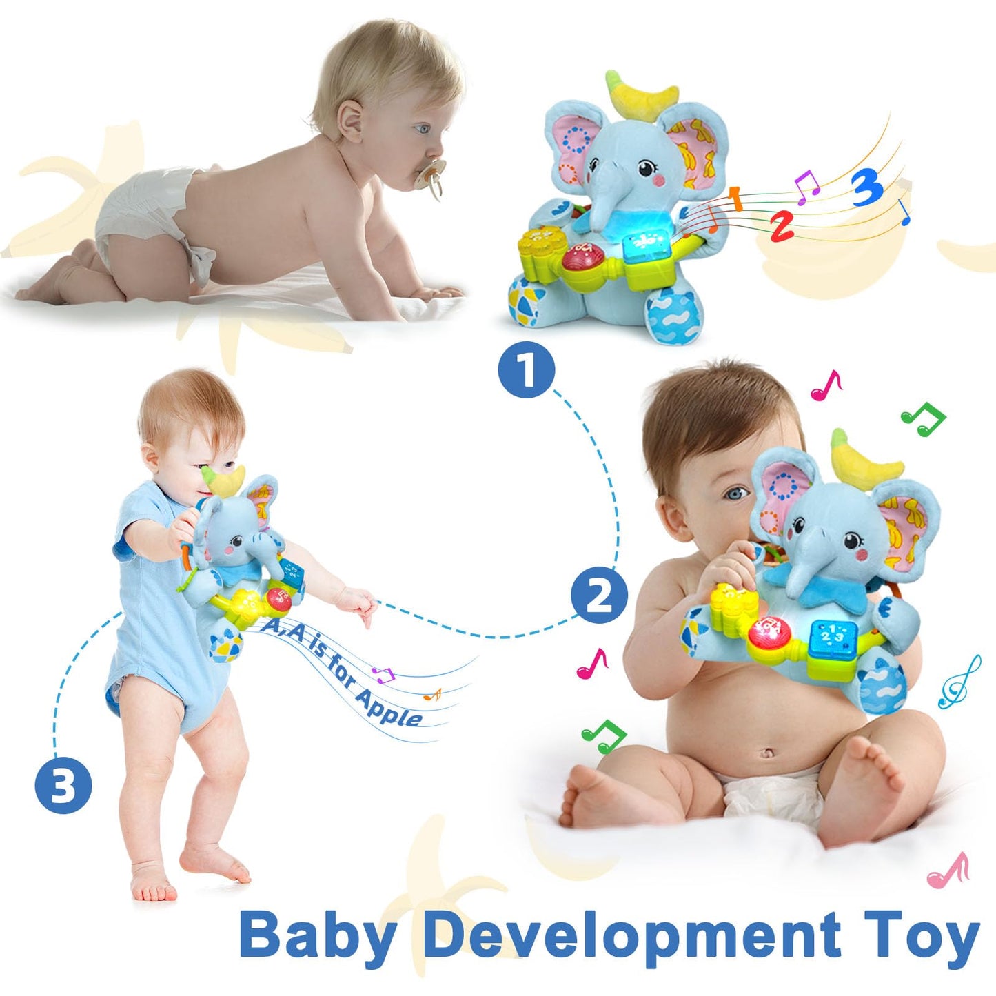 Baby Elephant Musical Stuffed Animals Toy with Light-Up Music & Crinkle,Infant Bilingual Early Learning Education Toys,1st Easter Basket Shower Stuffers for 0-3-6-12+ Months Boy Girl Gifts,Blue