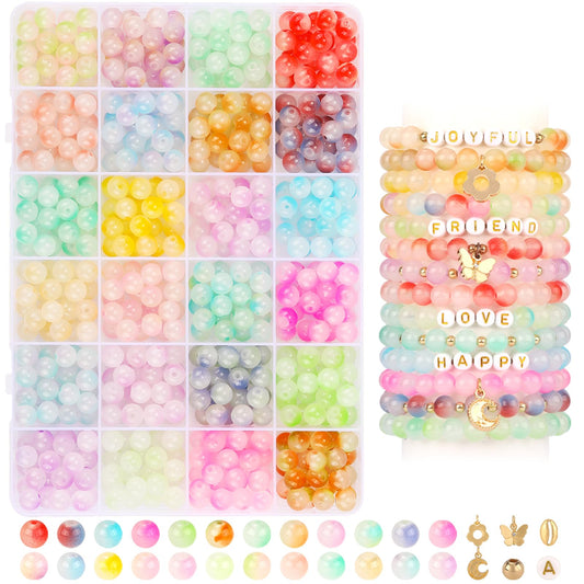 760PCS 8mm Glass Beads for Jewelry Making 24 Color Crystal Beads Bracelet Making Kit Gradient Round Bead for DIY Earrings Necklaces Rings with Letter Bead for Bracelets&Charms Accessories